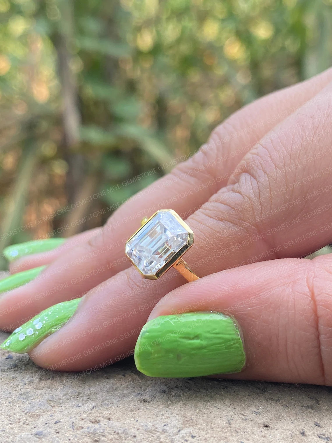 3CT Emerald Cut Moissanite Bezel Set Solitaire Engagement Ring