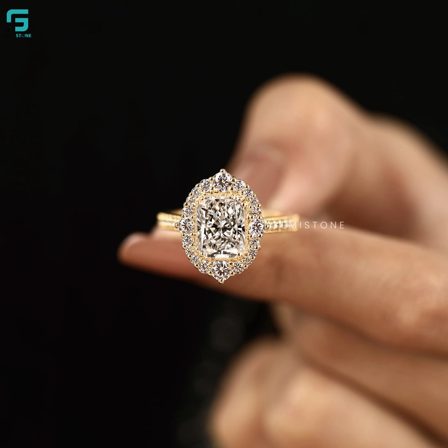 3CT Radiant Cut 14K Solid Gold Lab Grown Halo Ring
