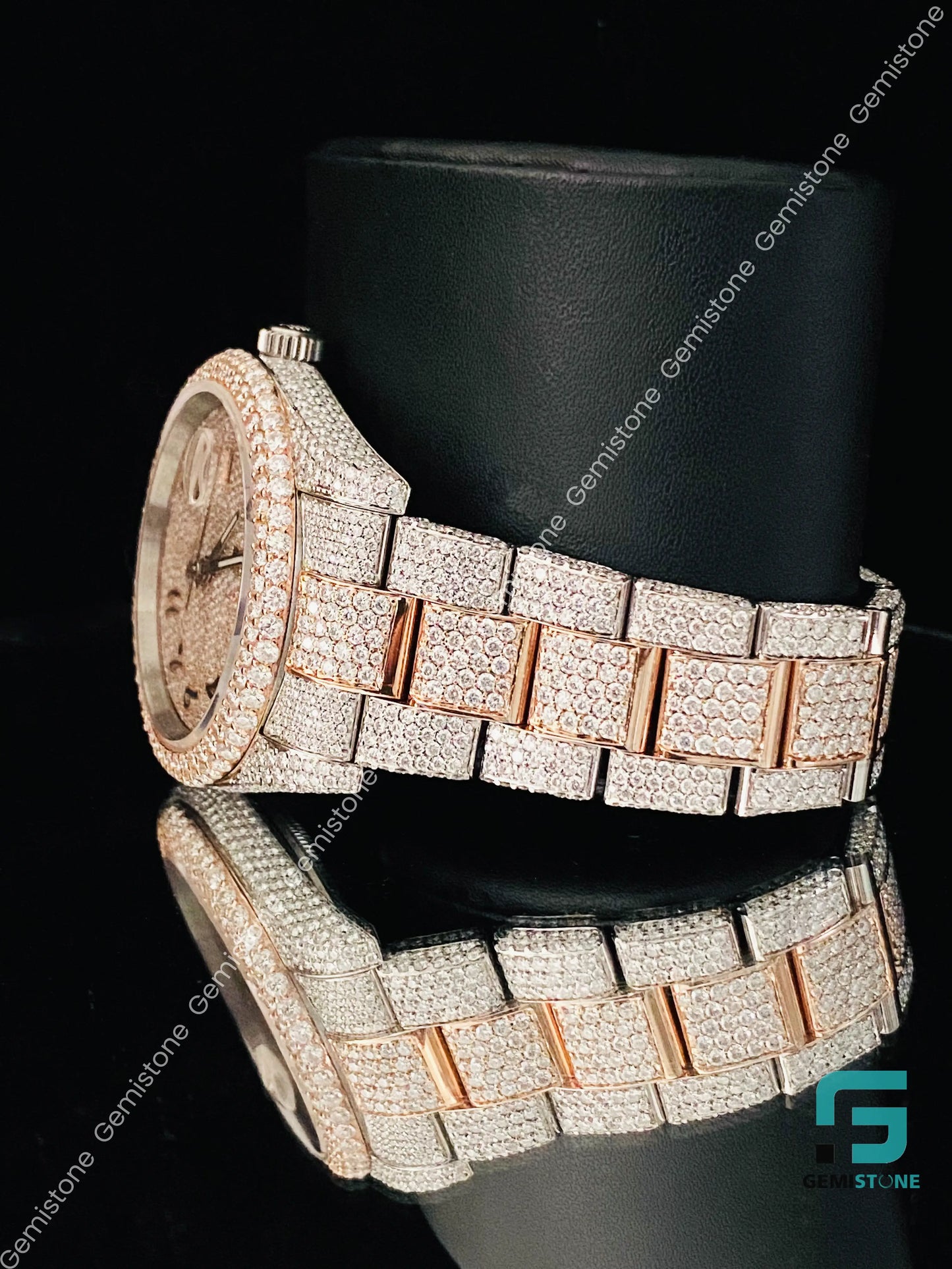 Men's Arabic Number Two Tone Fully Ice Moissanite Watch