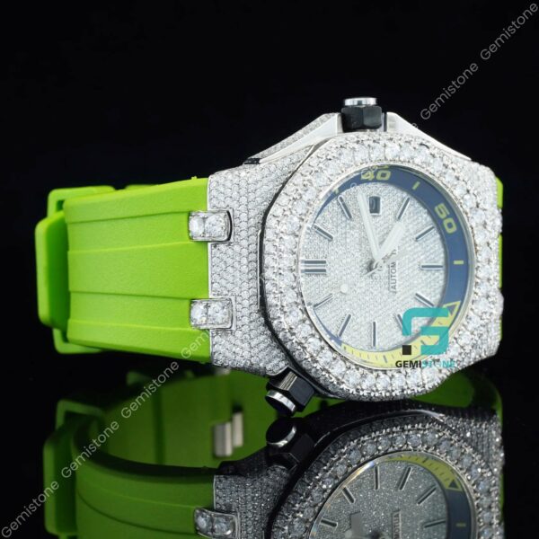 Parrot Green Silicon Straps Moissanite Bust Down Diamond Watch