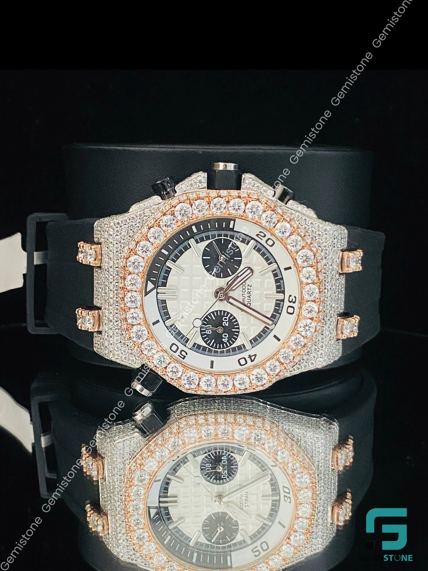 Elegant White Bezel Dial Diamond Moissanite Watch With Black Silicon Rubber Belt