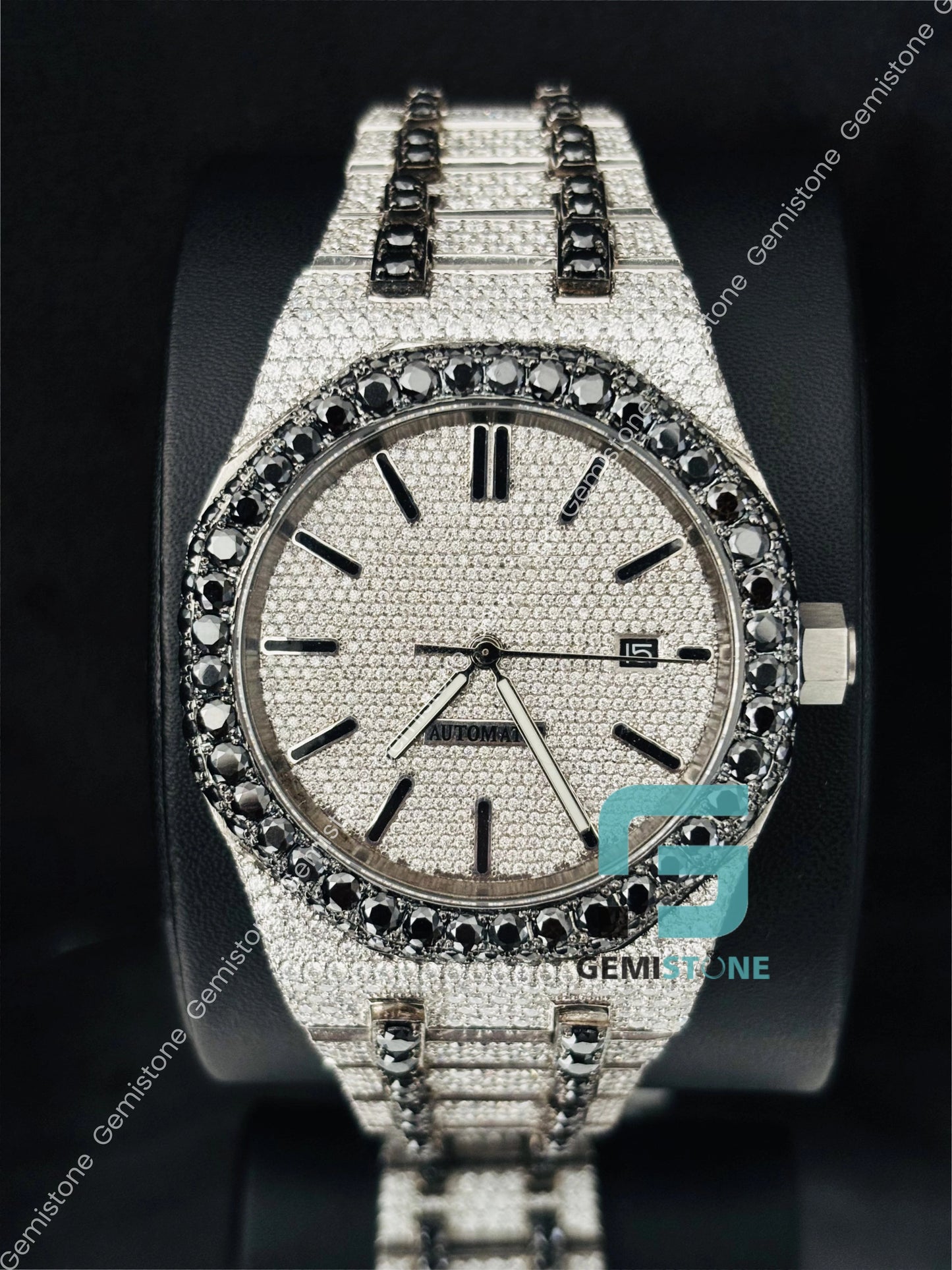Black Bar Moissanite Fully Studded Watch For Men_s