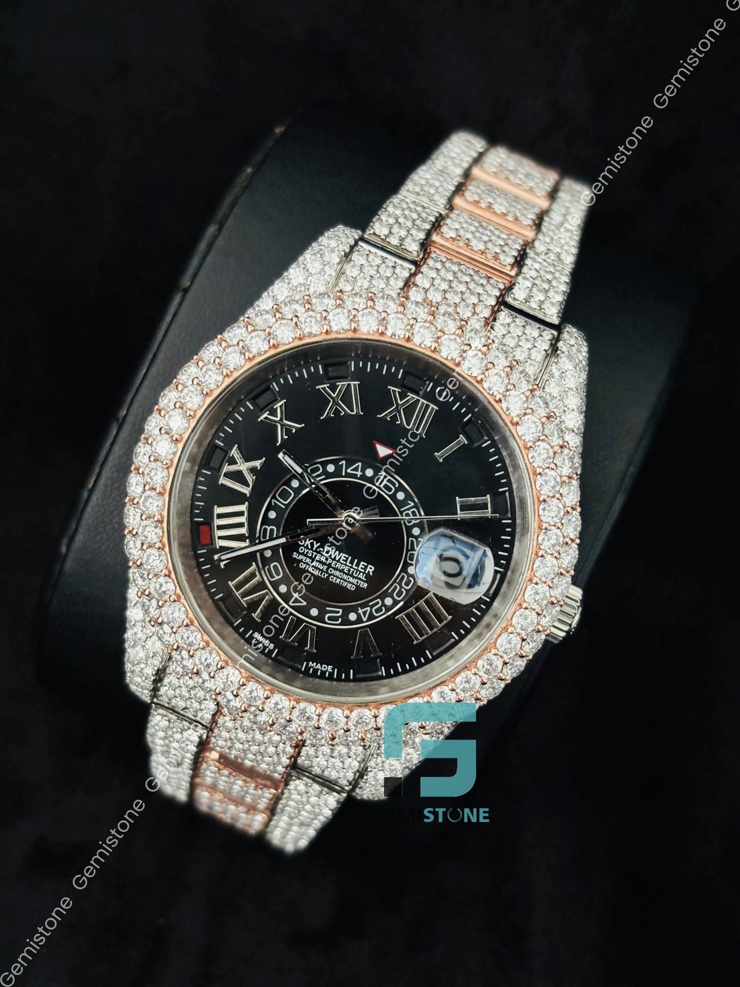 Black Dial Roman Number Sky Dweller Moissanite Watch