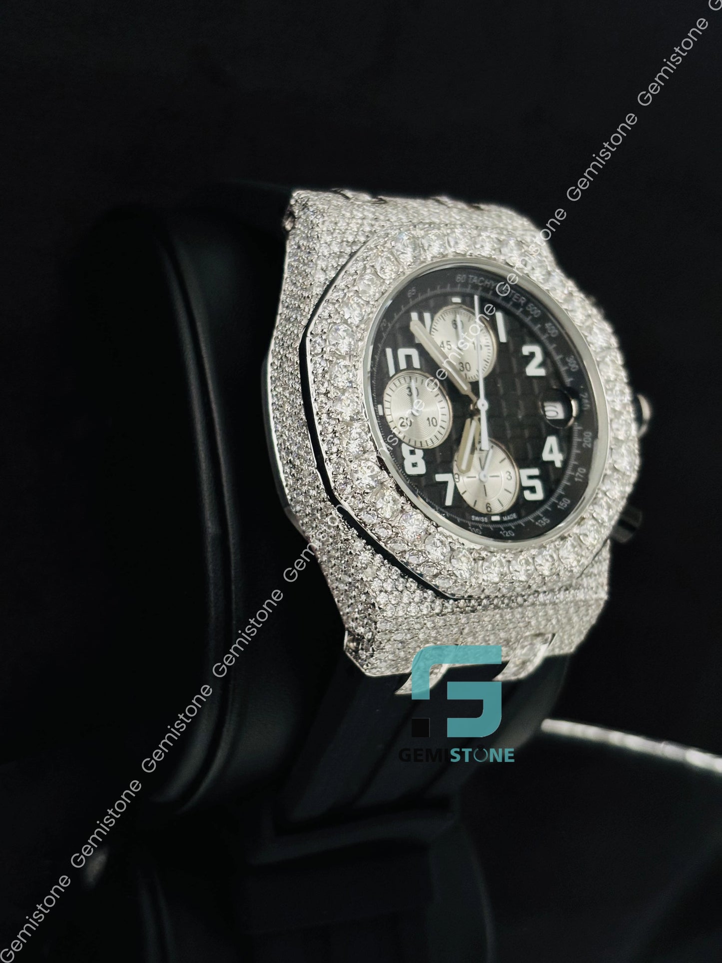 Black Dial White Multi Chronograph Iced Out Moissanite Watch