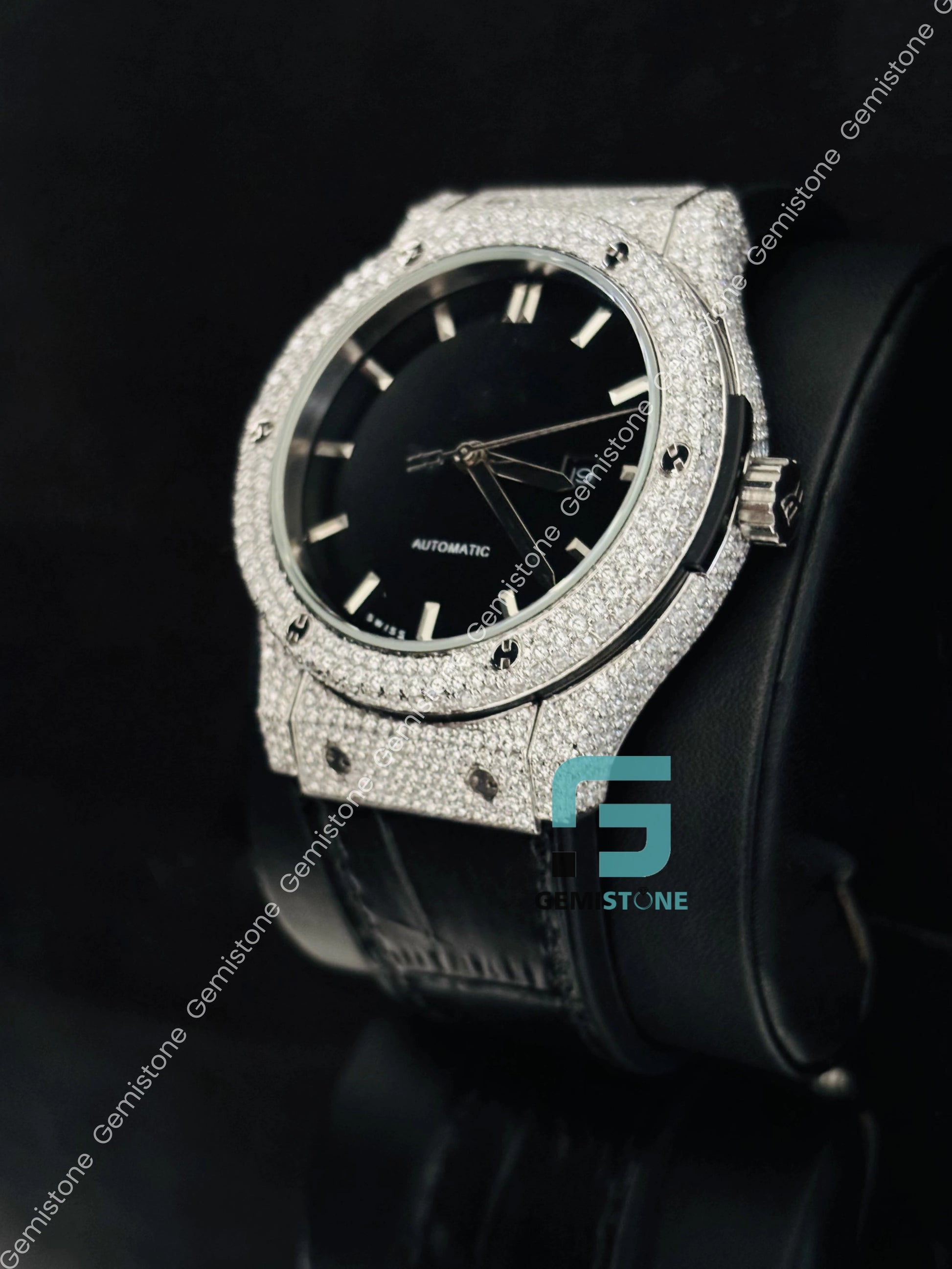 Black Lather Belt Moissanite Iced Out Hip Hop Watch