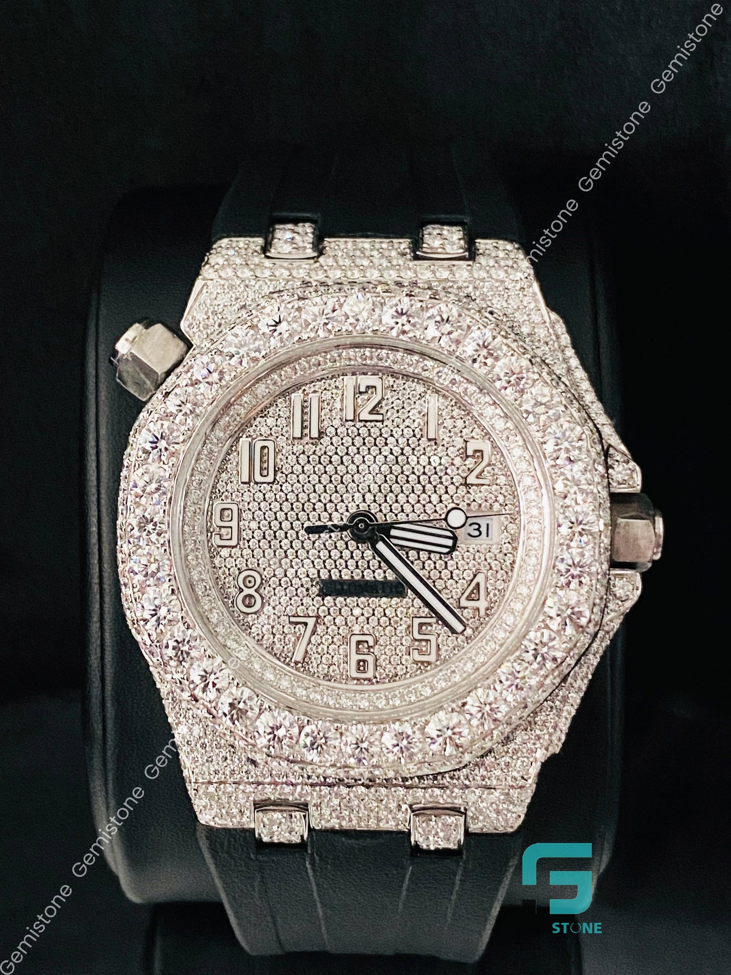 Black Silicon Rubber Belt Rapper Moissanite Watch