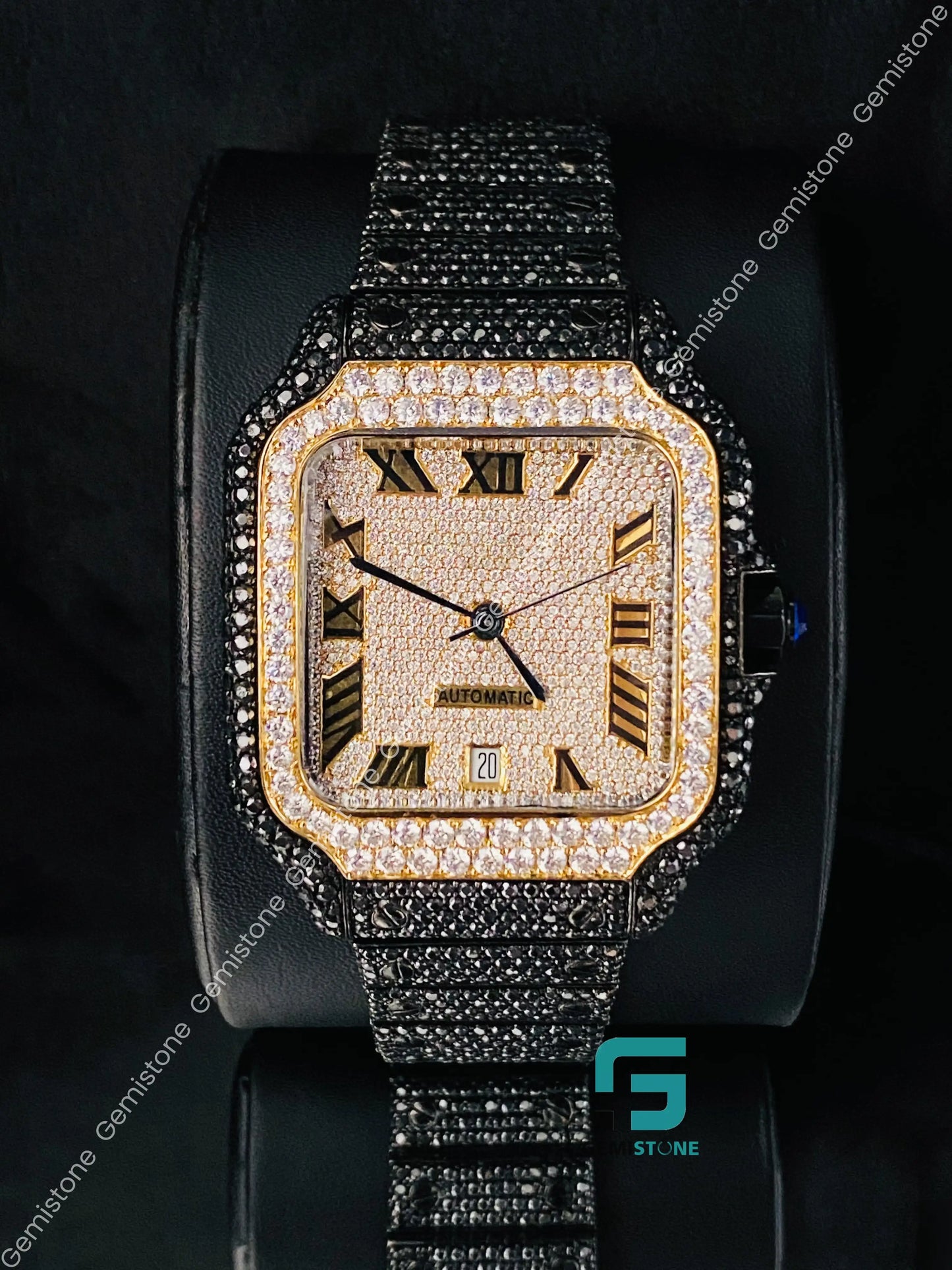 41MM Stainless Steel Fully Two Tone Iced Black Moissanite Diamond Watch