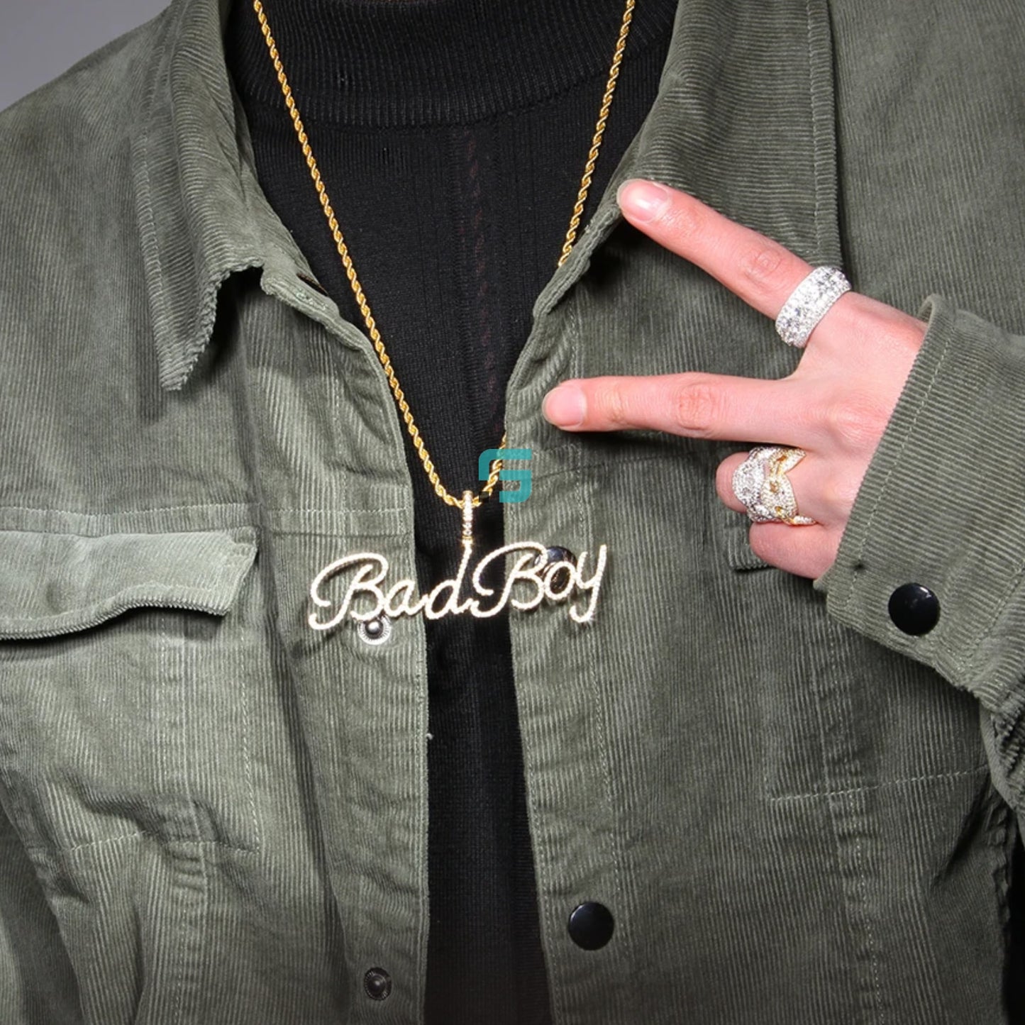 Custom Letter "Bad Boy" Moissanite Bling Pendant Silver