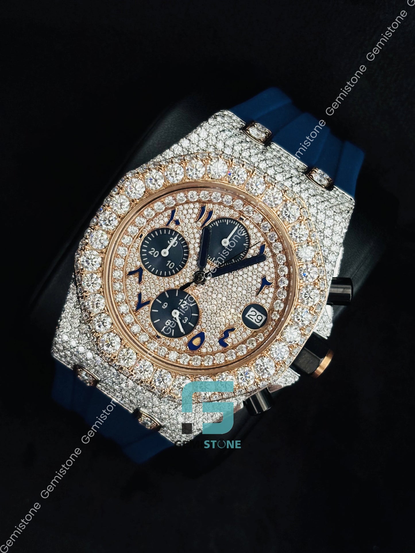 Blue Rubber Belt Moissanite Bust Down Watch