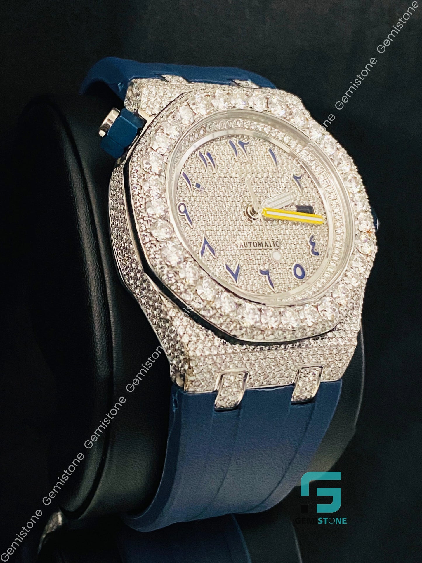 Blue Silicon Belt Big Bezel Moissanite Watch