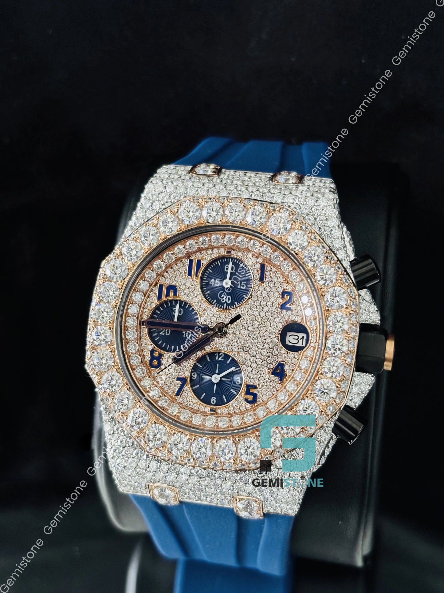Blue Silicon Belt Moissanite Face Dial Watch