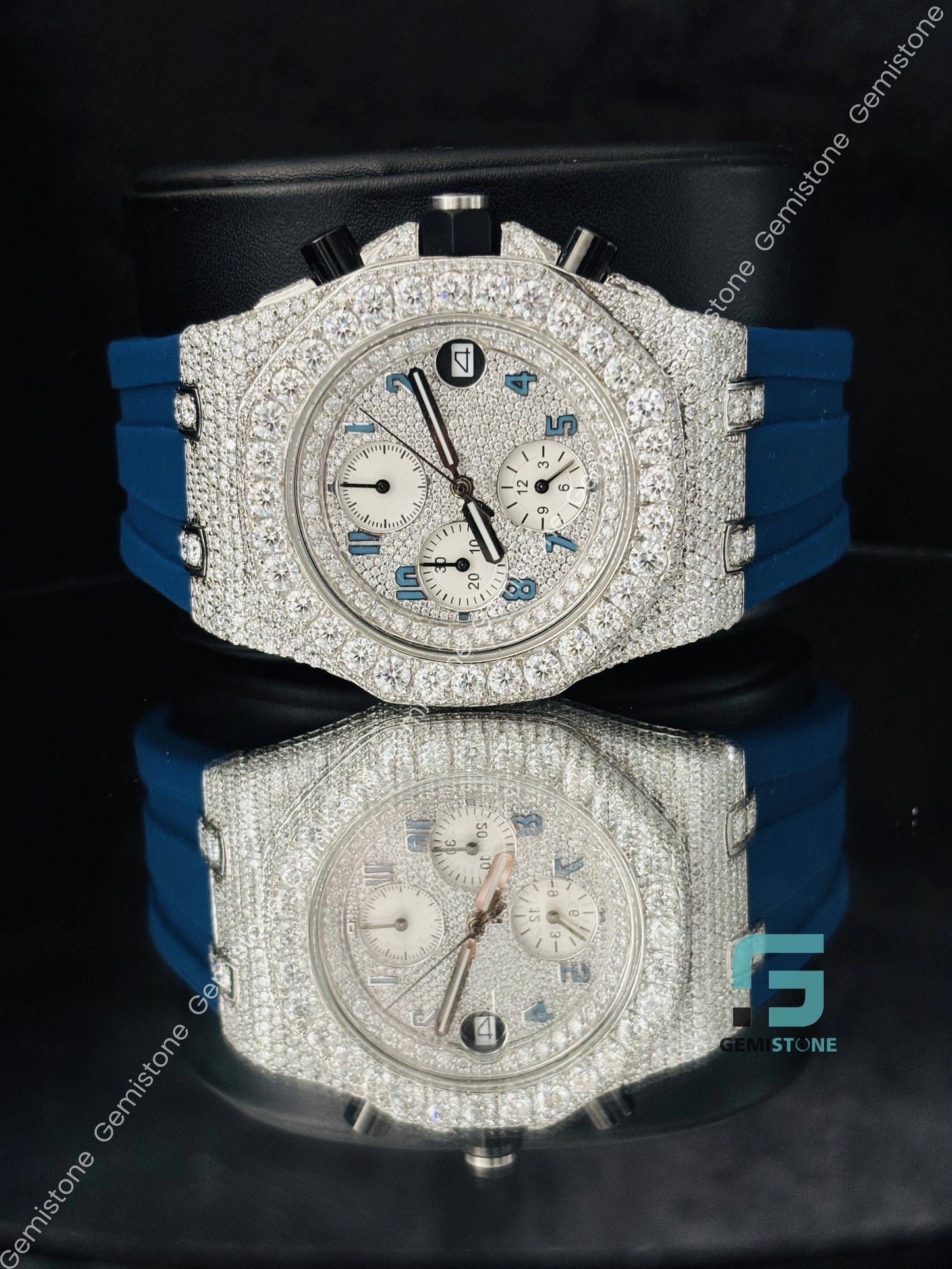 Blue Silicon Chronograph Moissanite Iced out Moissanite Watch