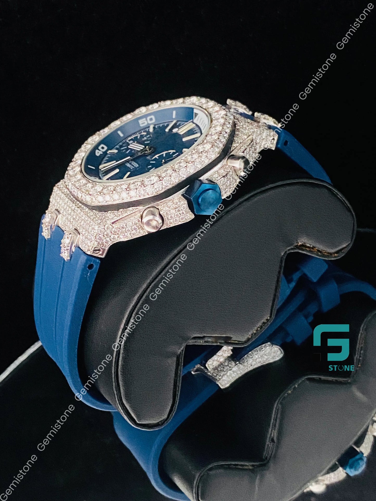 Blue_Silicon_Strap_Moissanite_Diamond_Watch