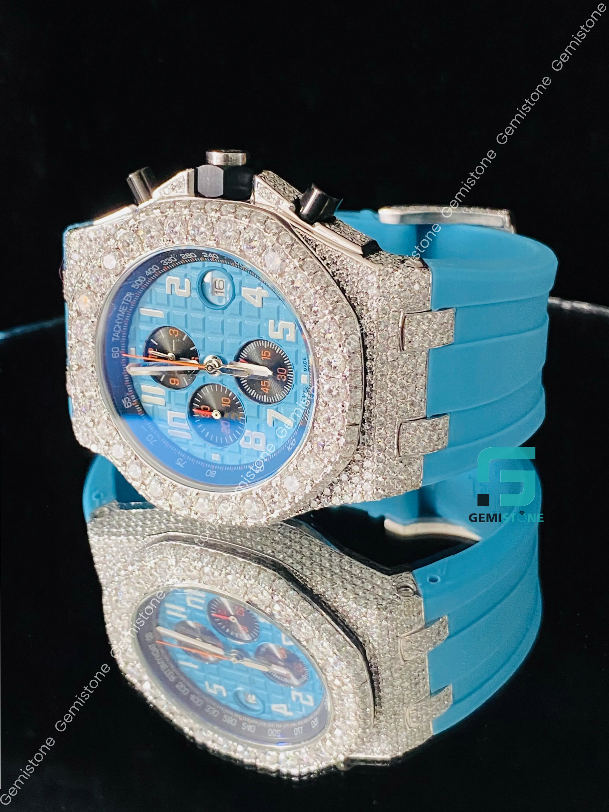 Blue Silicon Strap Moissanite Watch