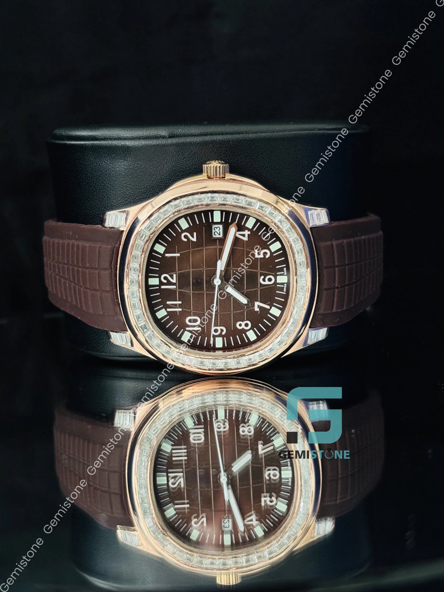 Brown Silicon Belt Tapisserie Pattern Dial Moissanite Watch