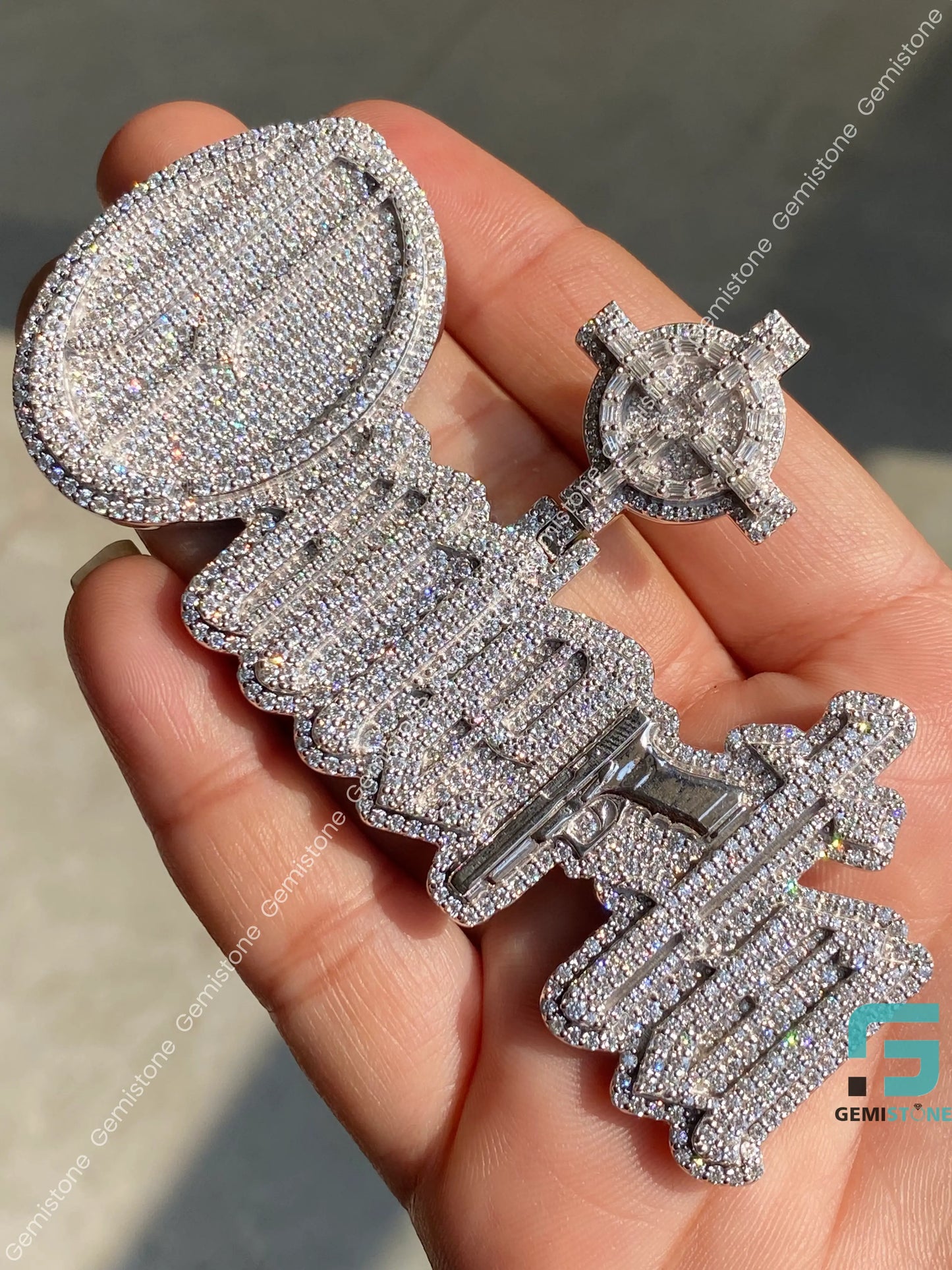 Unisex Fully Iced Out Omerta Moissanite Pendant In 925 Sterling Silver
