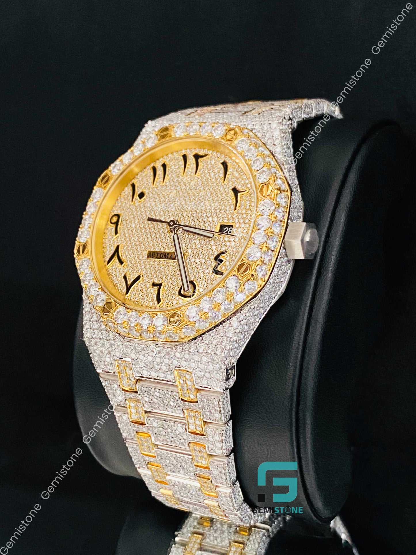 Two Tone Arabic Number Fully Studded Moissanite Watch