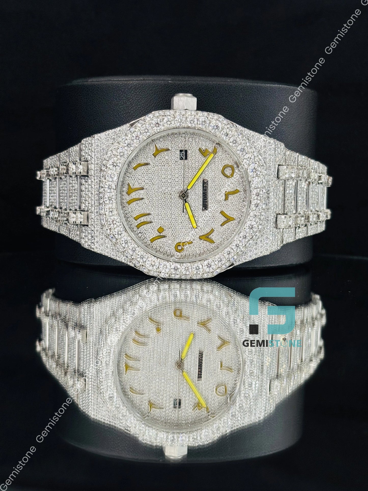 Bust Down Yellow Number Moissanite Hip hop Watch For Men_s