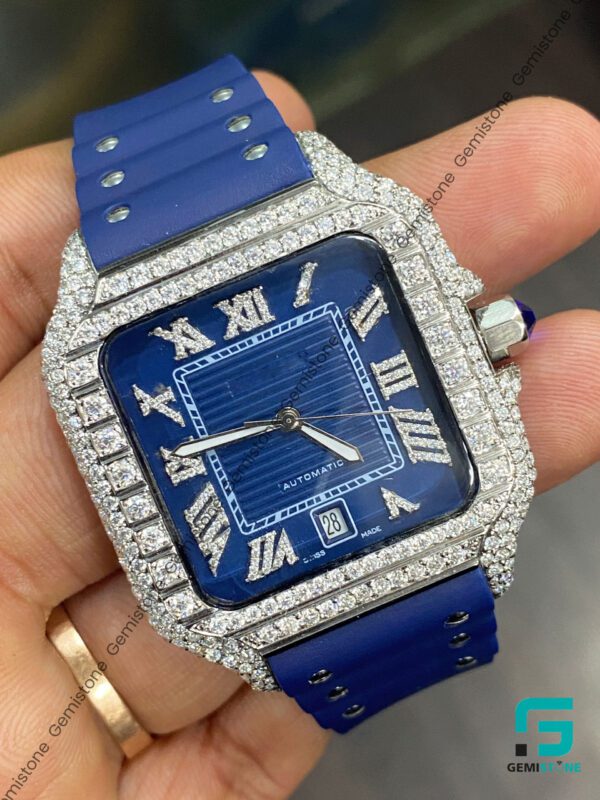 Blue Dial and Silicone Rubber Strap Moissanite Diamond Bezel Watch