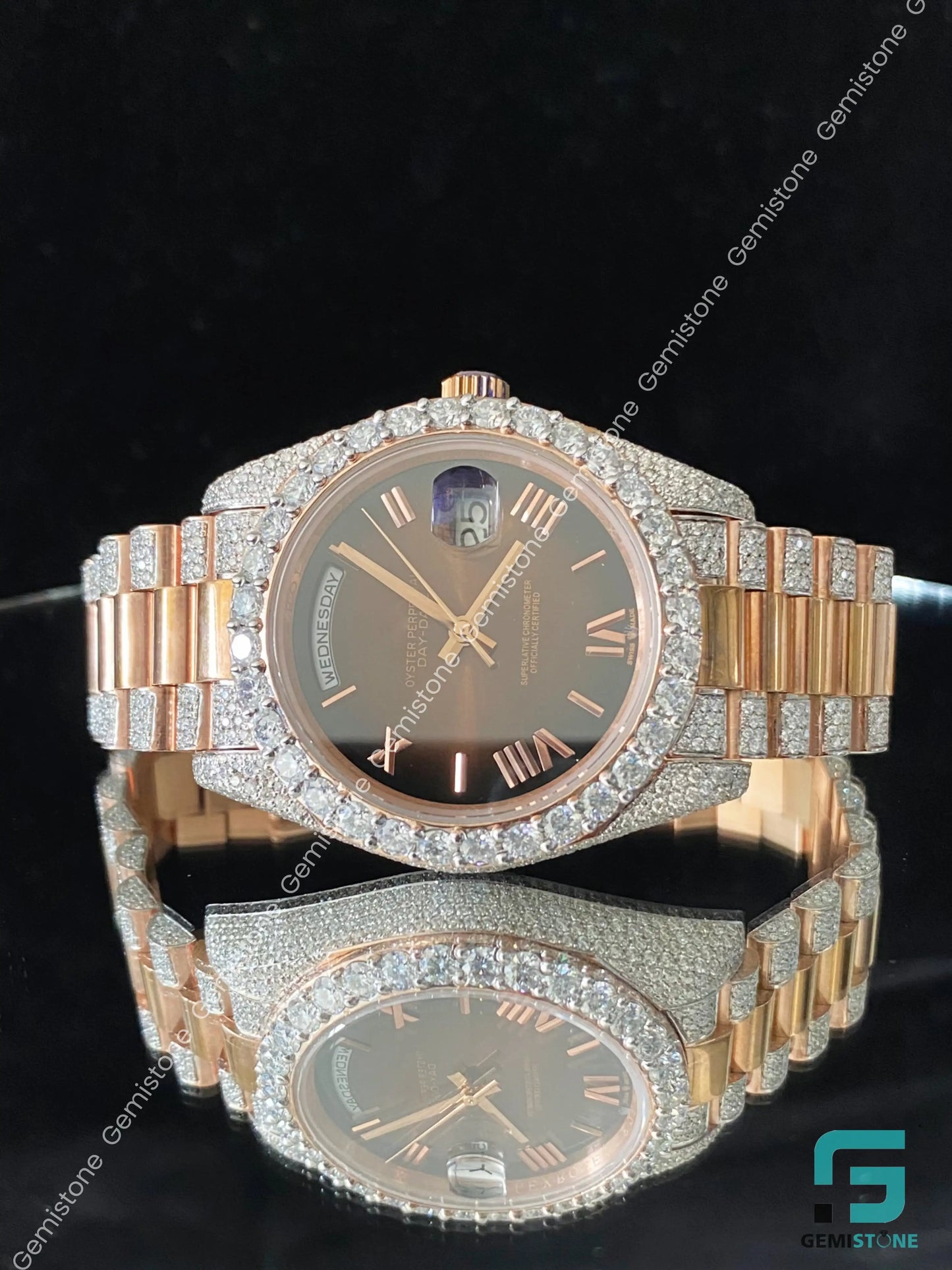 41MM Chocolate Dial Roman Numerals Bezel Dial Diamond Moissanite Watch