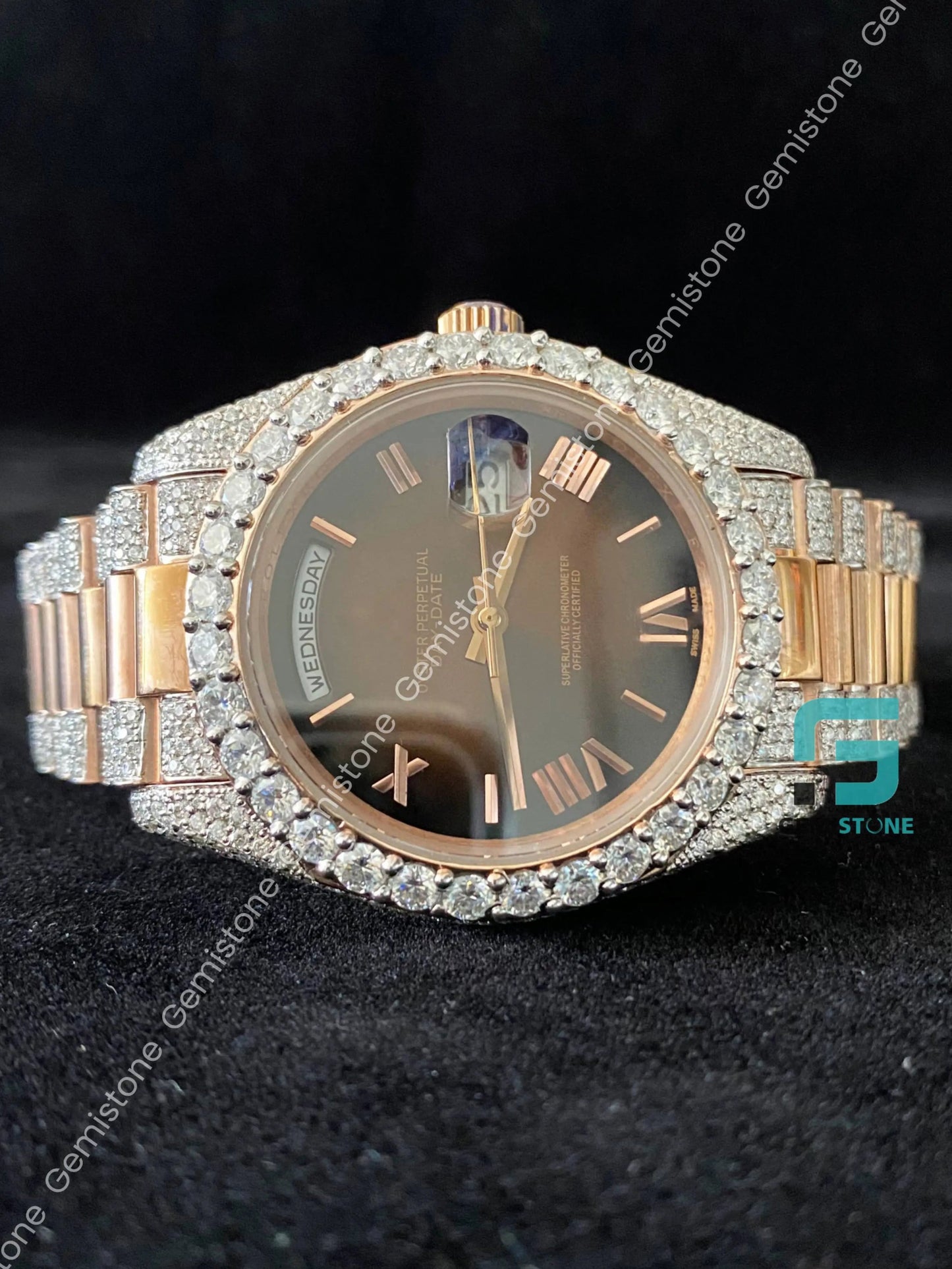 41MM Chocolate Dial Roman Numerals Bezel Dial Diamond Moissanite Watch