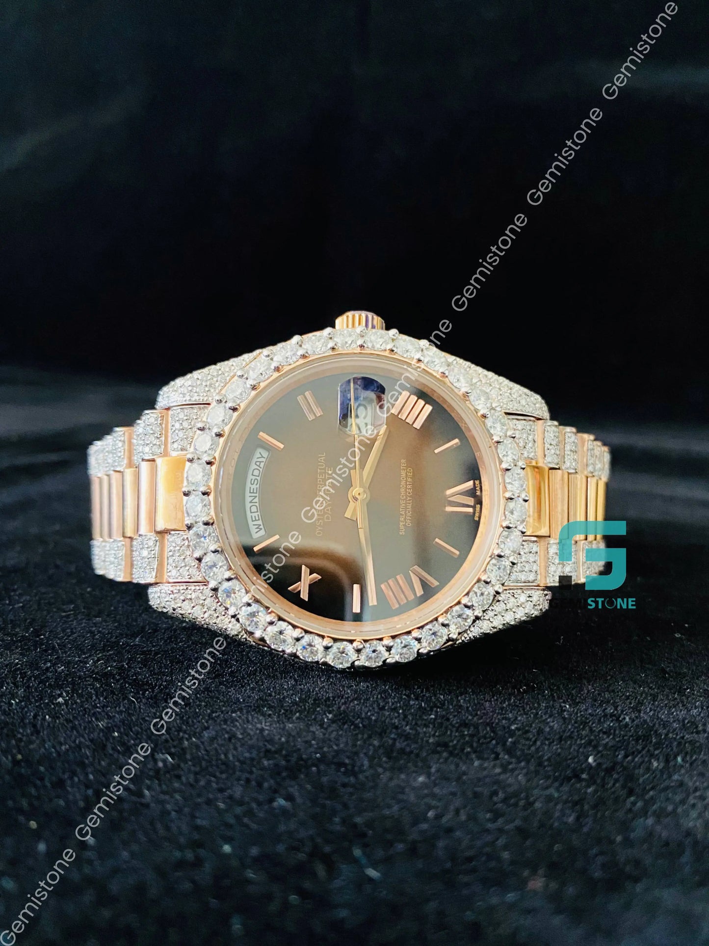 41MM Chocolate Dial Roman Numerals Bezel Dial Diamond Moissanite Watch