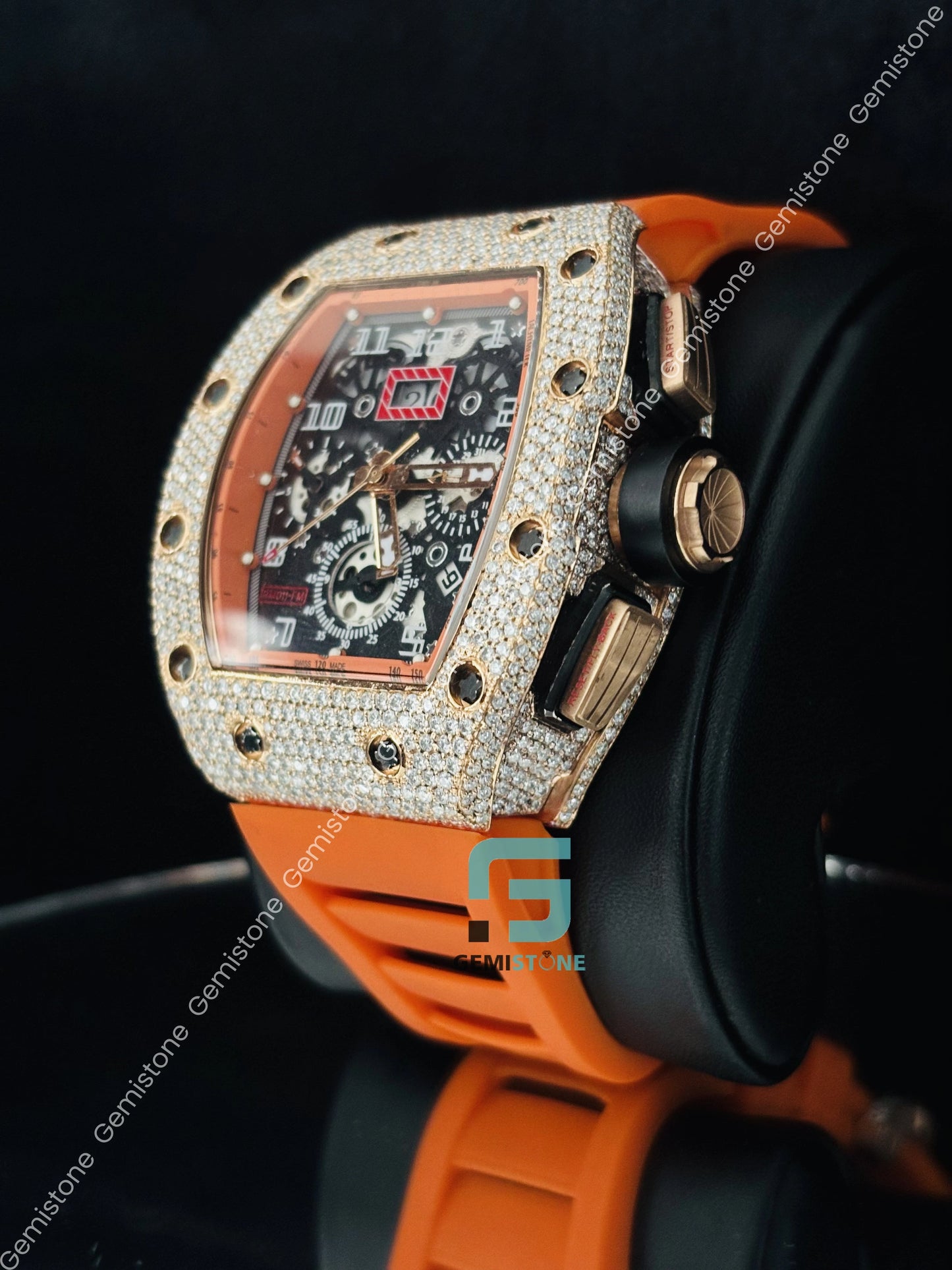 Chronograph Moissanite Orange Silicon Belt Watch