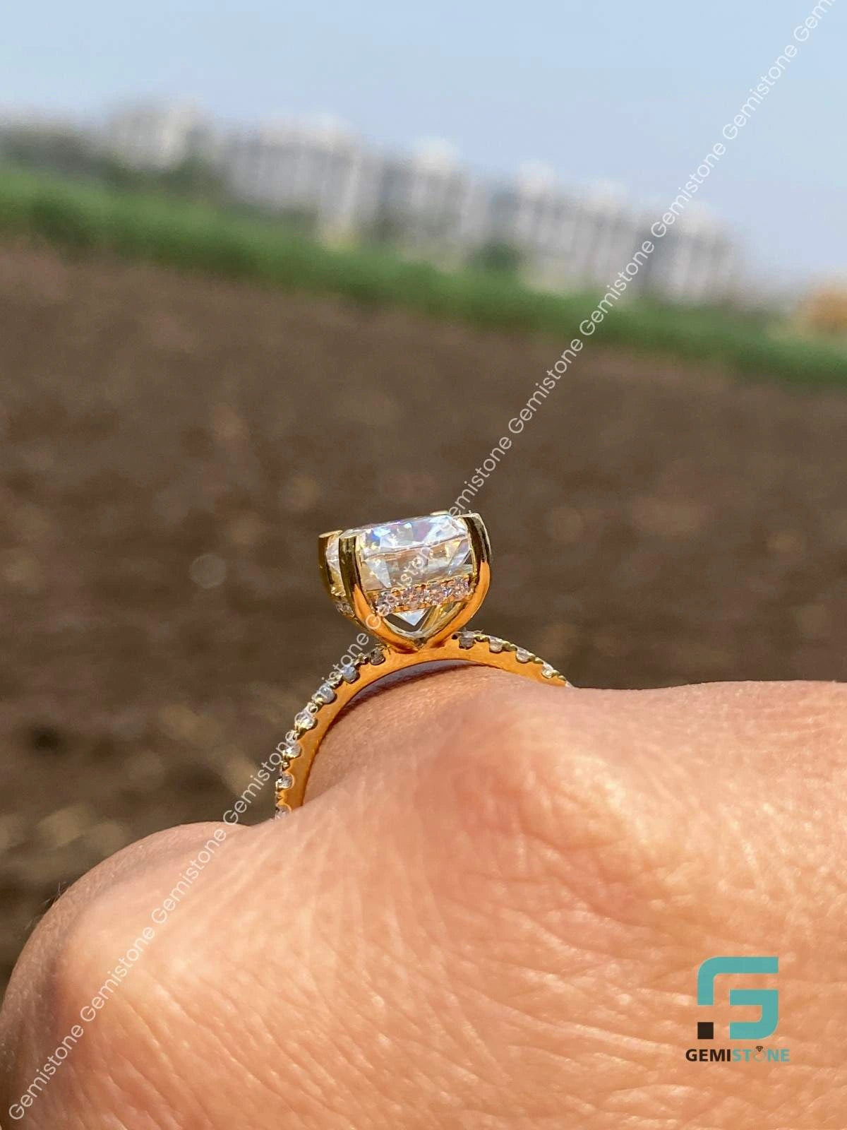 Cushion Cut Hiden Halo Moissanite Ring