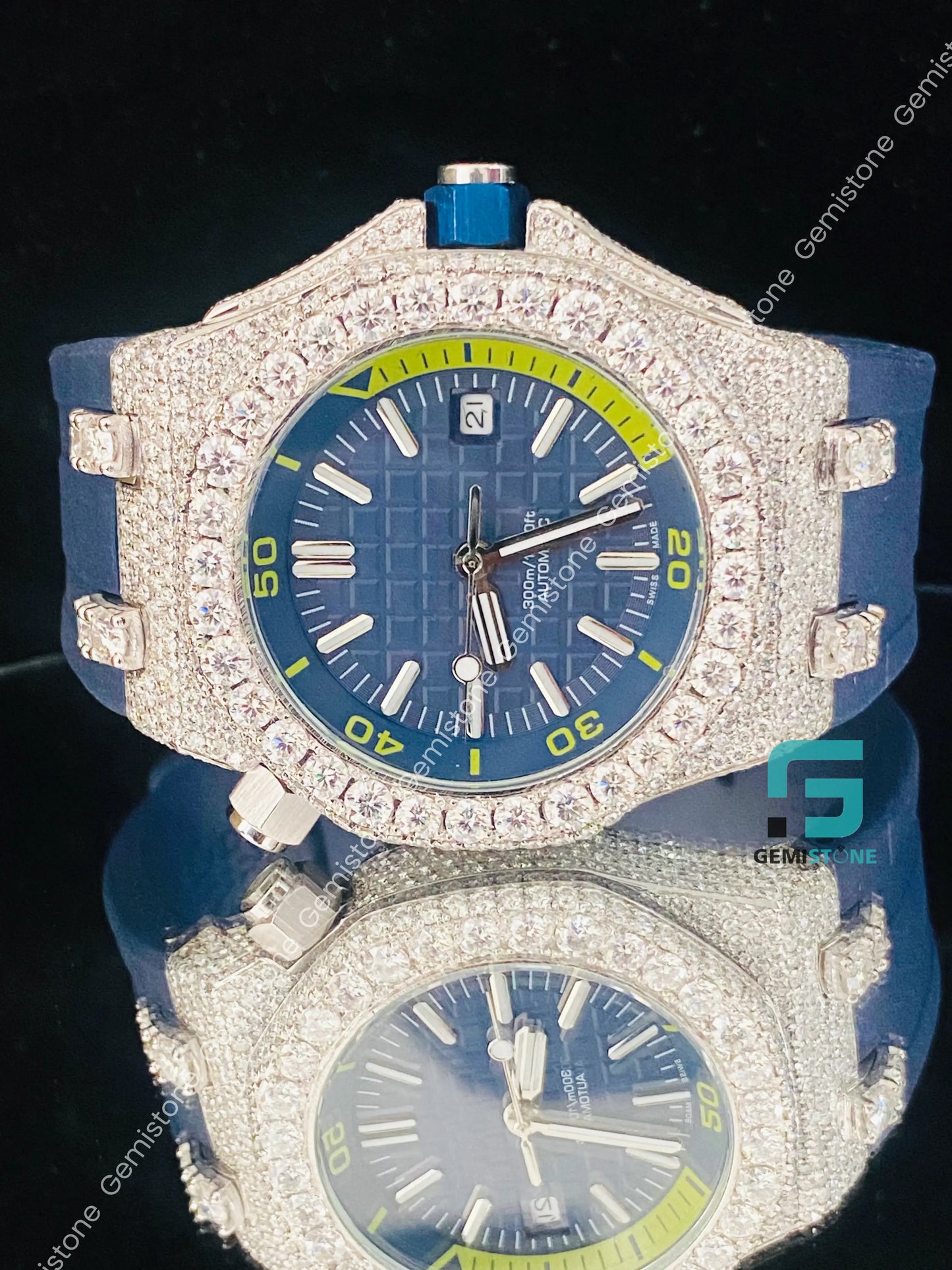 Dark Royal Blue Silicon Rubber Strap Bezel Dial Moissanite Diamnod Watch