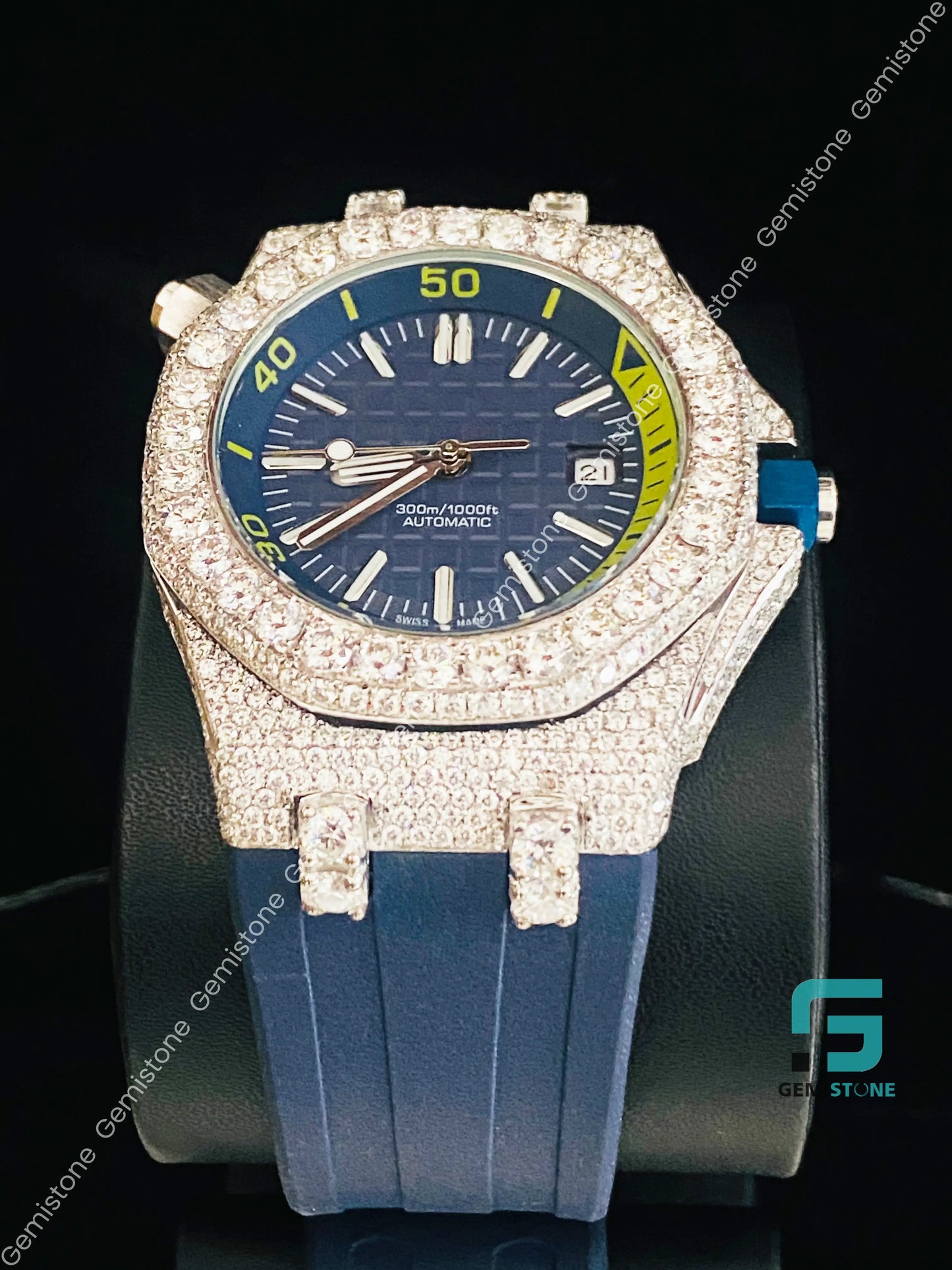 Dark Royal Blue Silicon Rubber Strap Bezel Dial Moissanite Diamnod Watch
