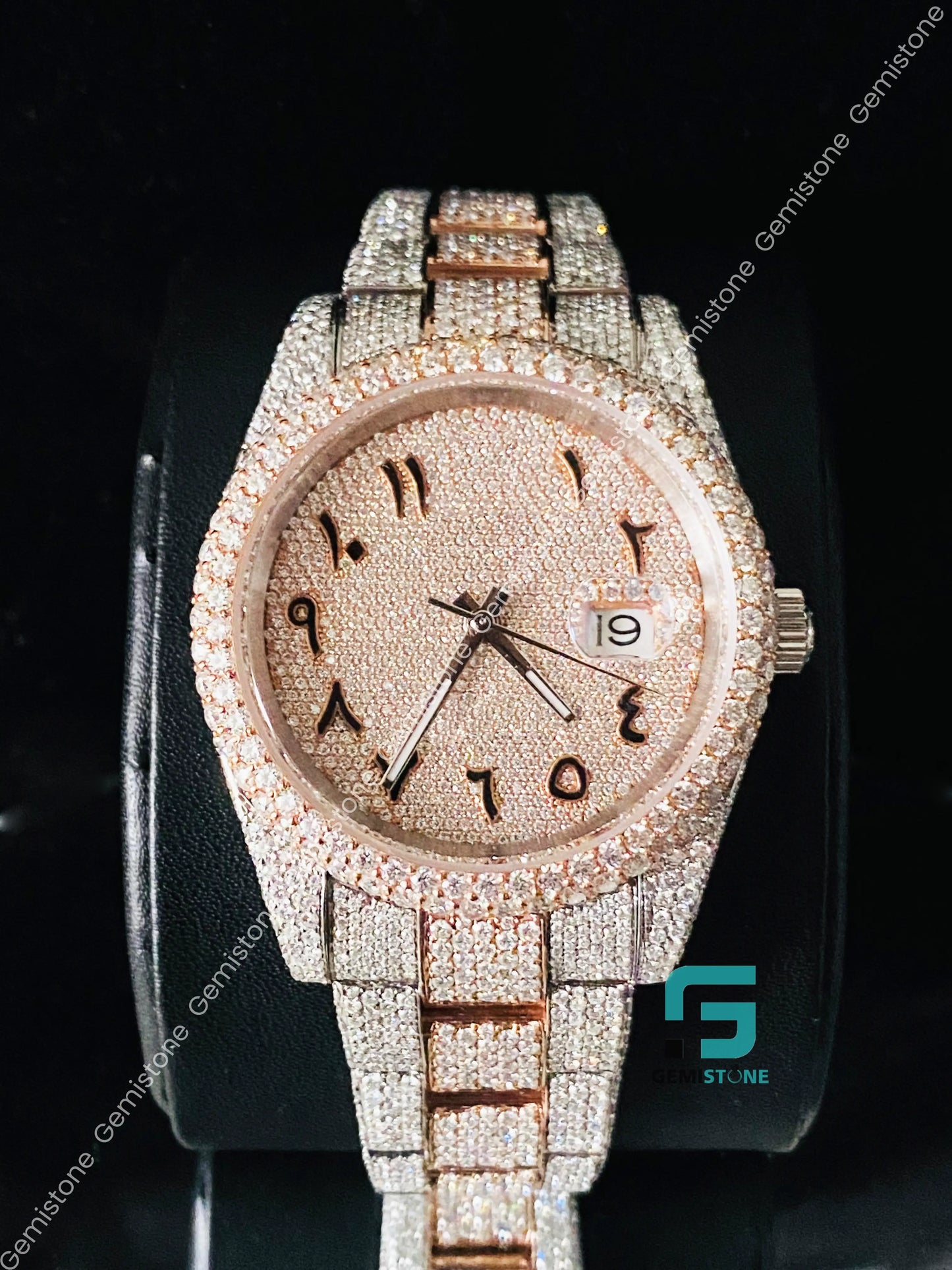 Men's Arabic Number Two Tone Fully Ice Moissanite Watch