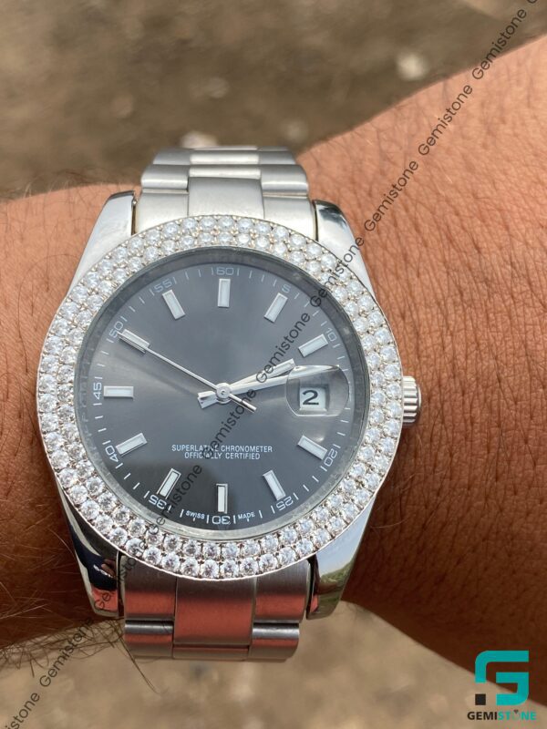 VVS Moissanite DJ Stainless Steel Bezel Diamond Grey Dial Watch Mens