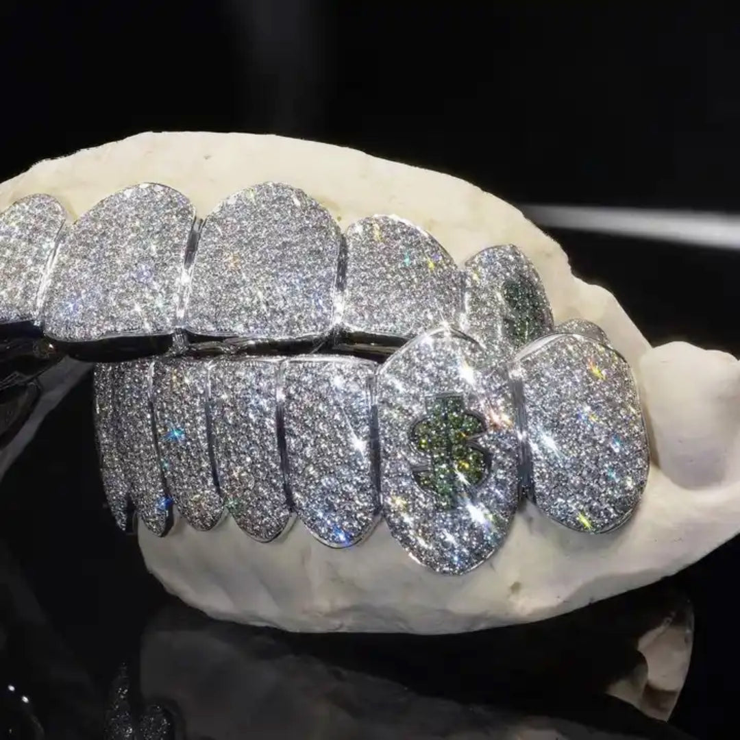 925 Sterling Silver Honeycomb Set Moissanite VVS Diamond Grillz