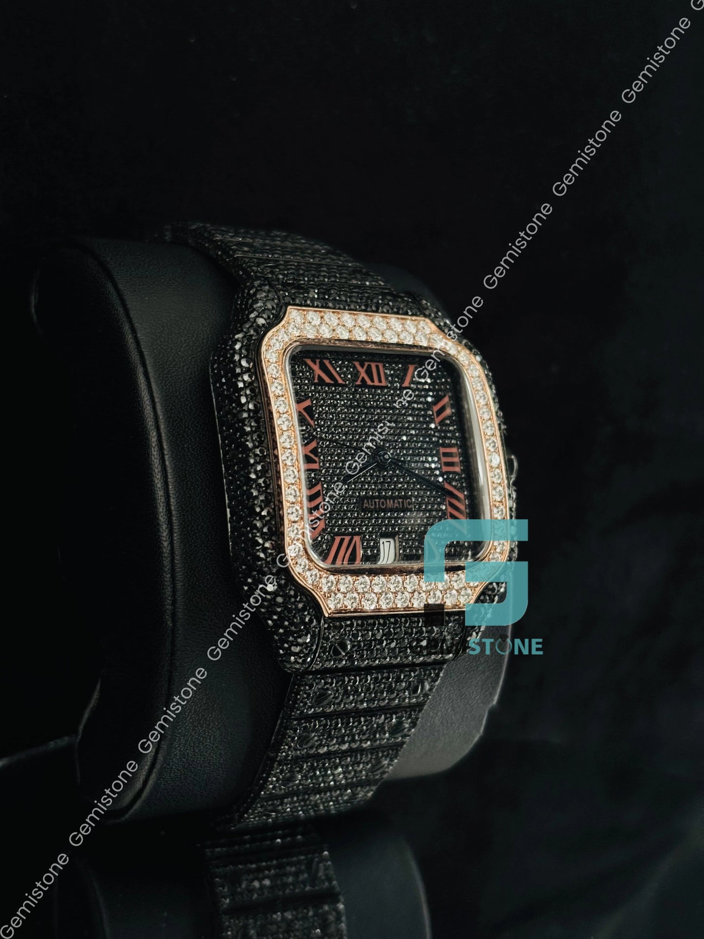 Dual Tone Moissanite Roman Number Black Diamond Watch