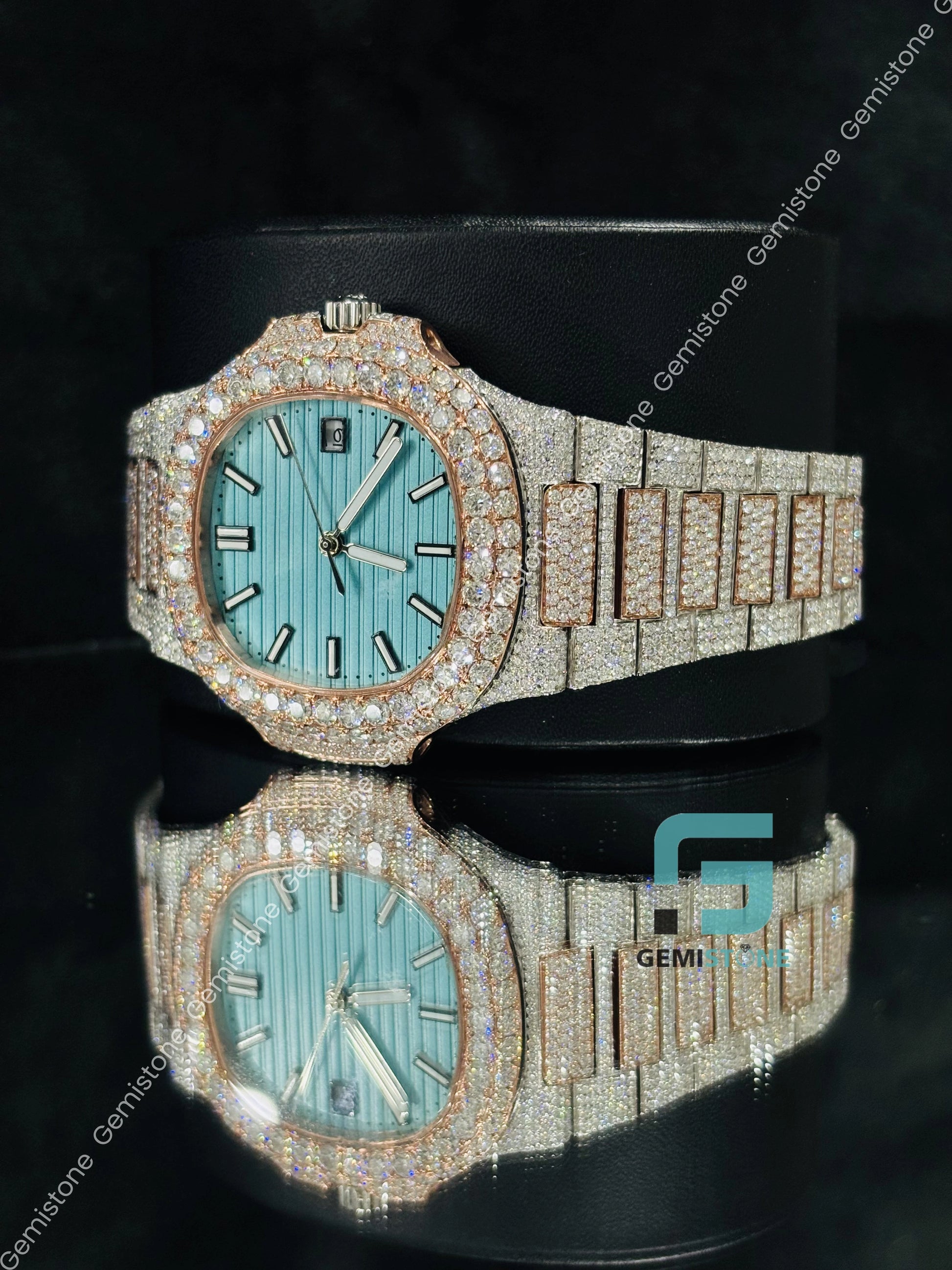 Dual Tone Moissanite Sky Blue Dial White Bar Watch