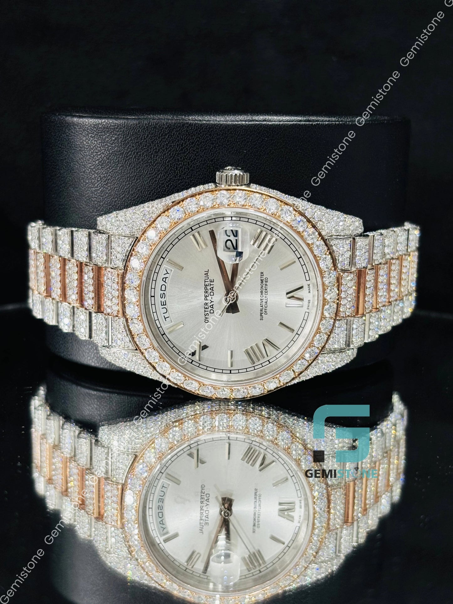 Dual Tone Roman Number White Dial Moissanite Automatic Watch