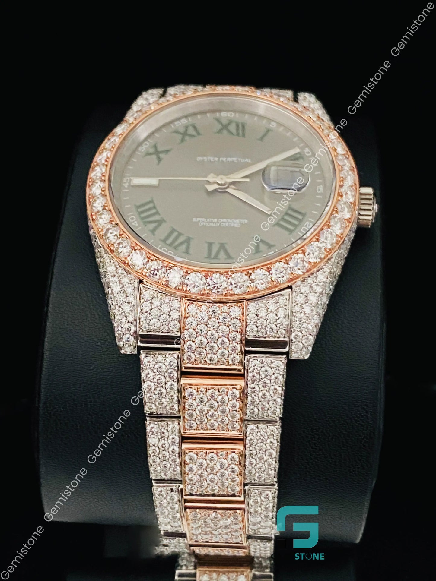 Dual Tone Slat Green Moissanite Watch