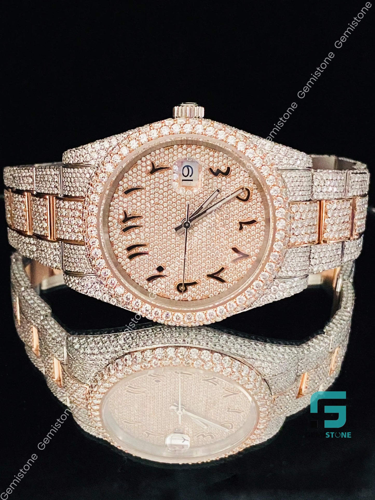 Men's Arabic Number Two Tone Fully Ice Moissanite Watch