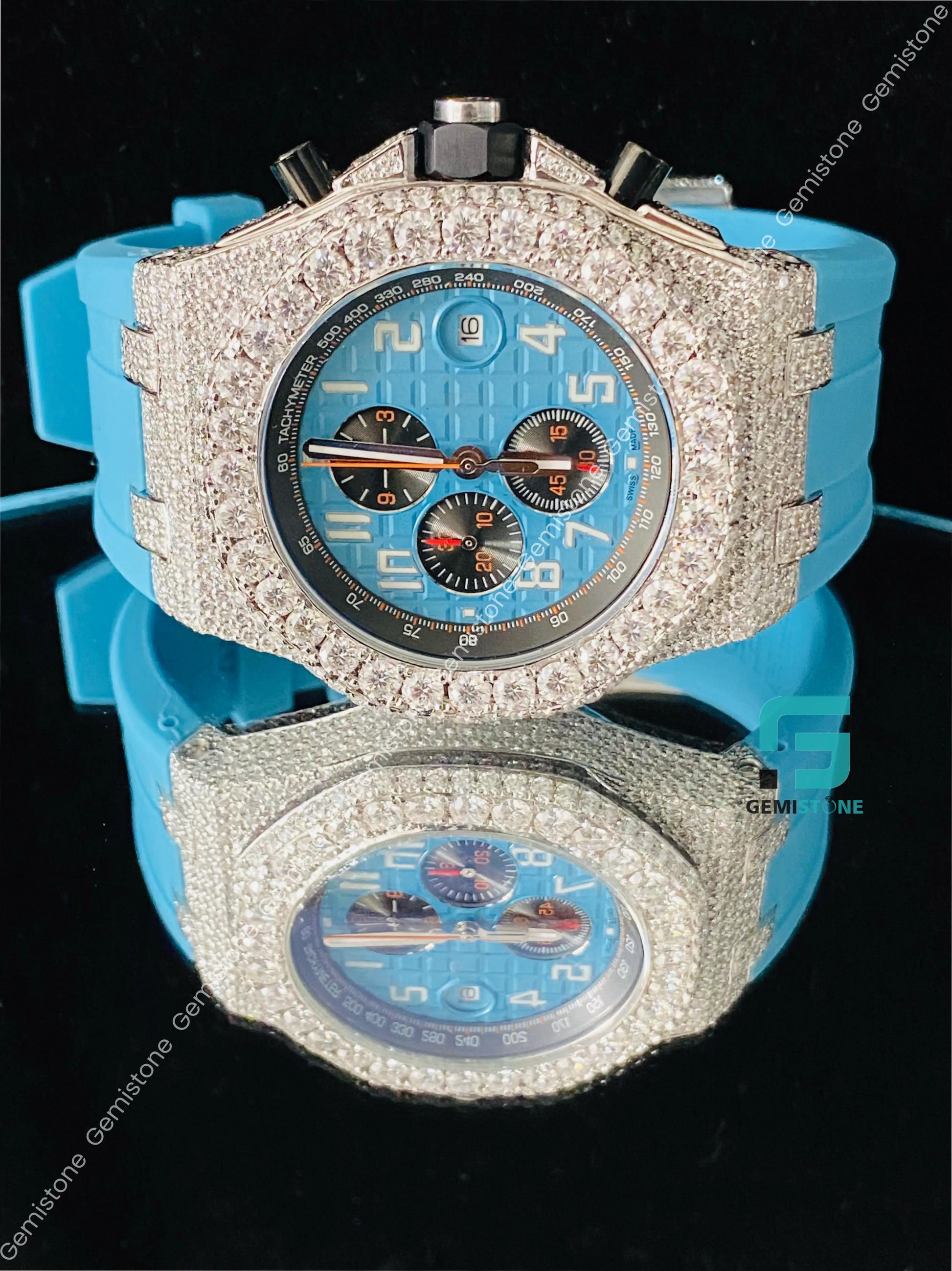 Elegant Sky Blue Silicon Strap Moisasnite Watch