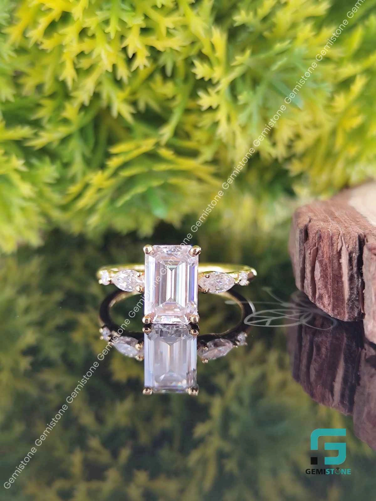 Emerald Cut Moissanite Three Stone Ring