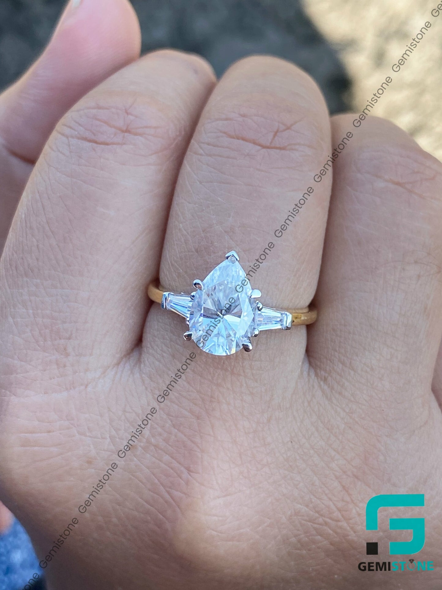 3 CT Pear Shape & T. Baguette Moissanite Engagement Ring