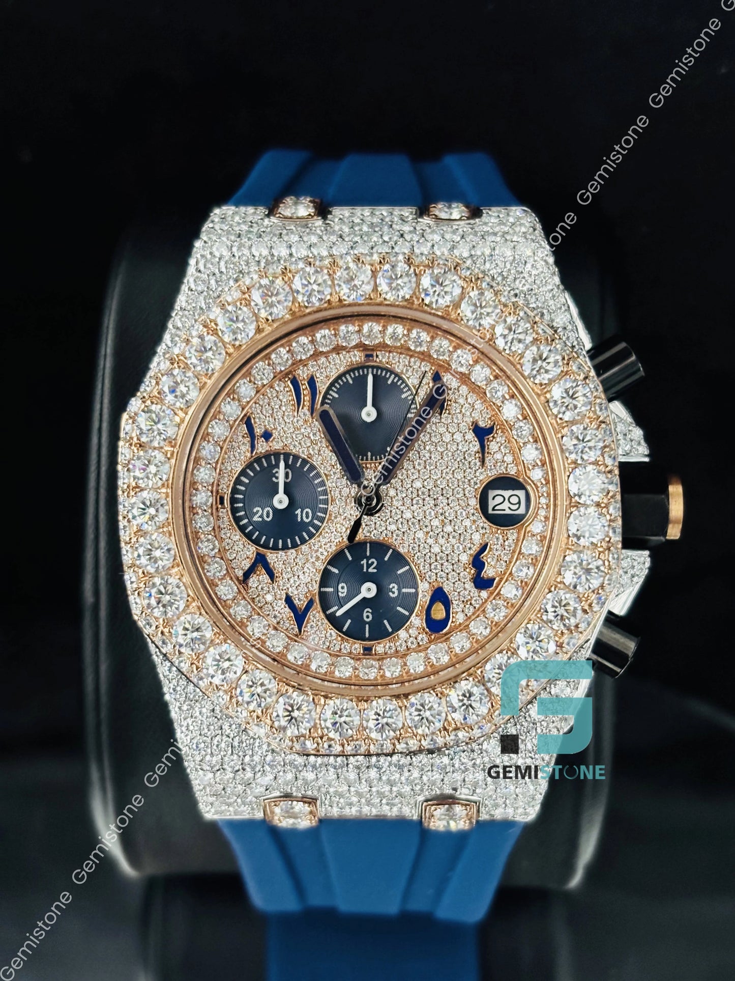 Face Dial Moissanite Chronograph Rubber Belt Watch for Men