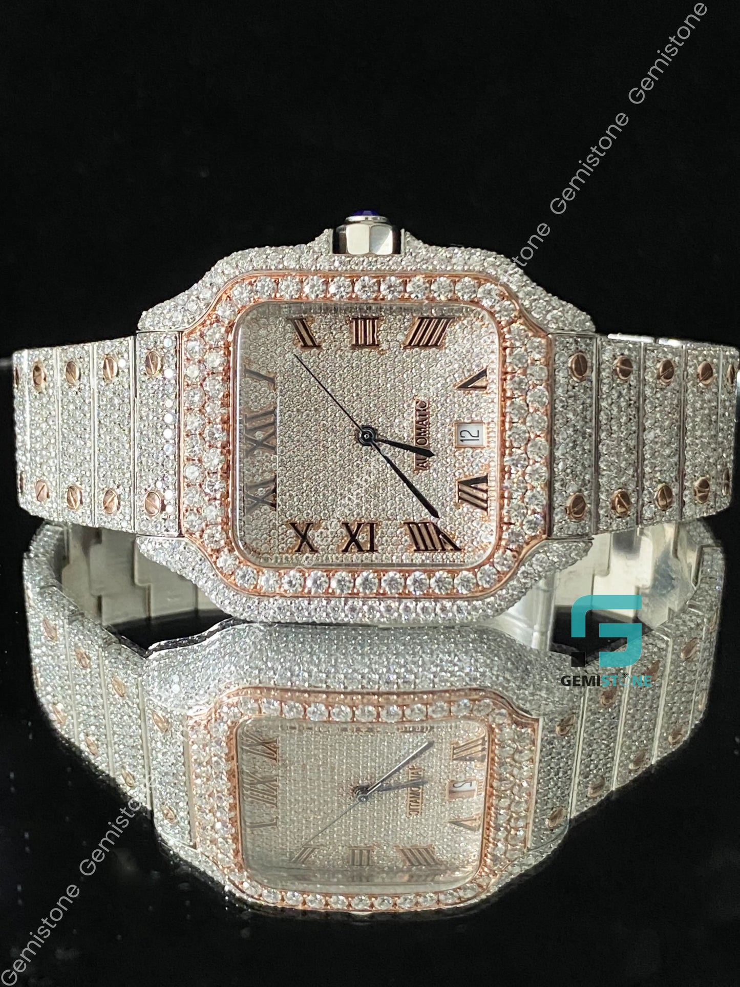 Classic Fully Iced Out Two Tone Roman Dial Moissanite Watch For Men