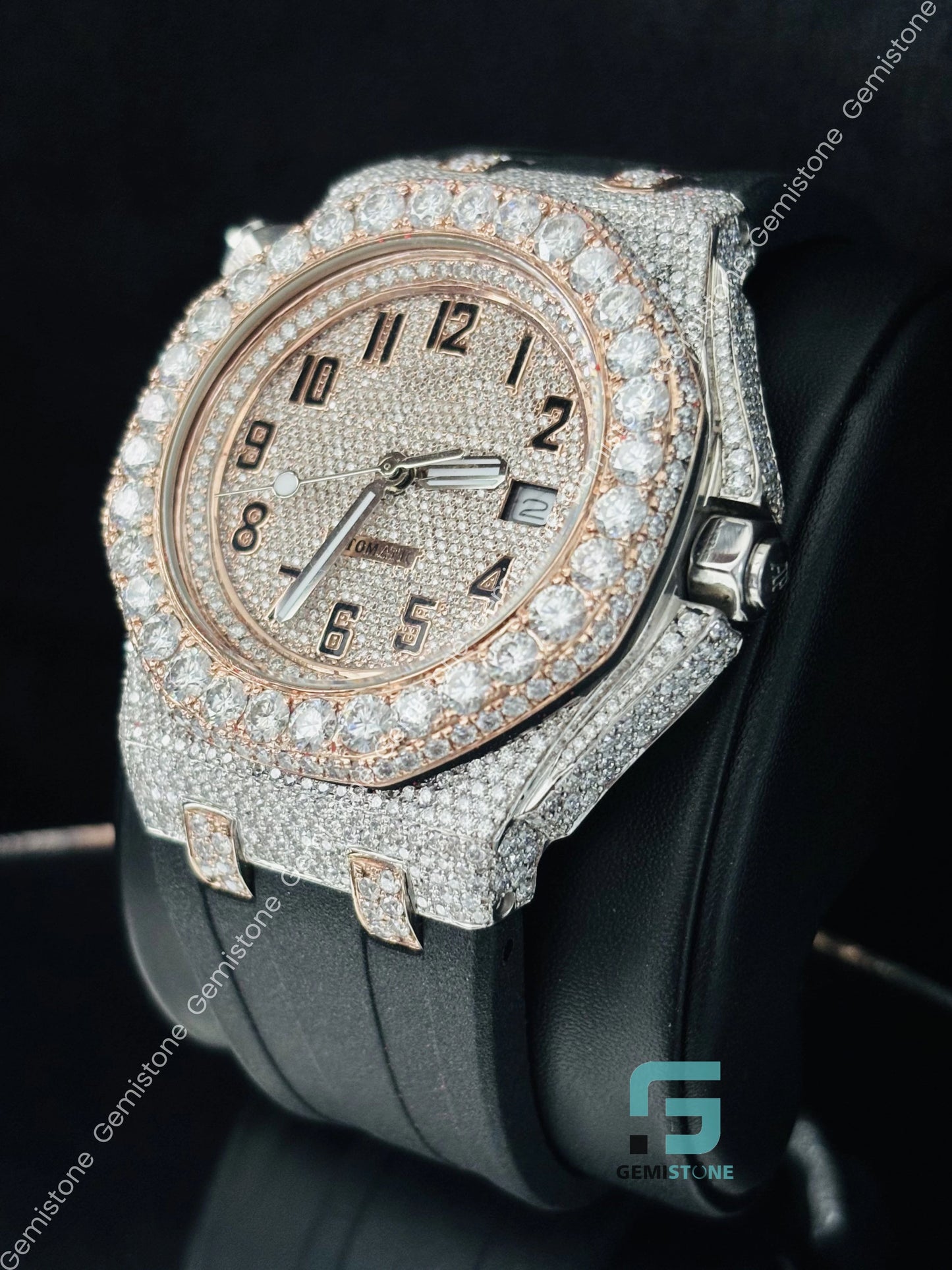 Full Studded Face Dial Black Silicon Belt Moissanite Watch