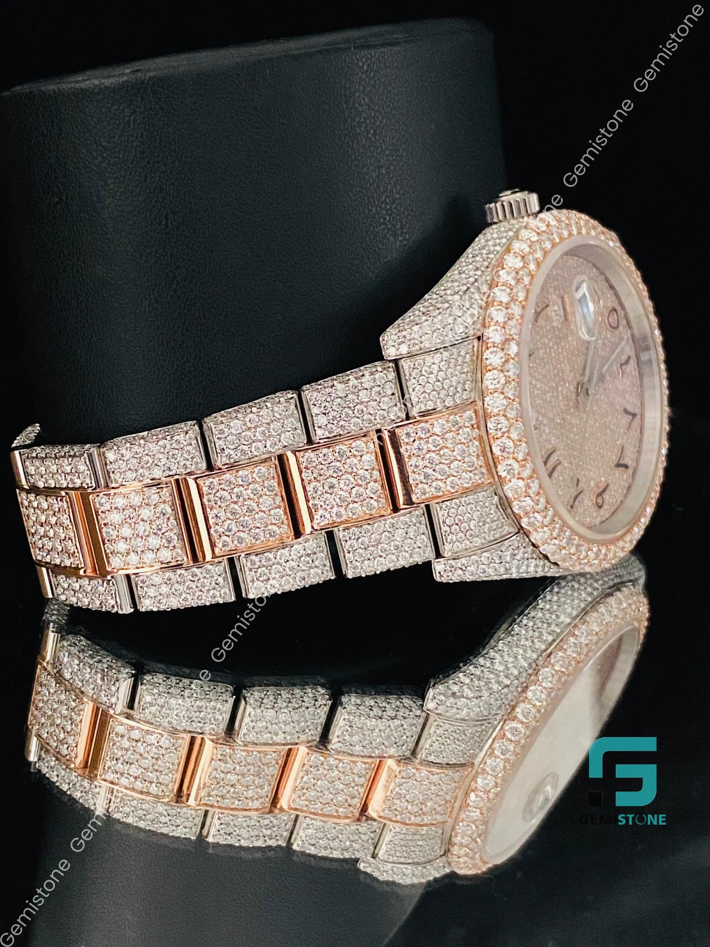 Men's Arabic Number Two Tone Fully Ice Moissanite Watch