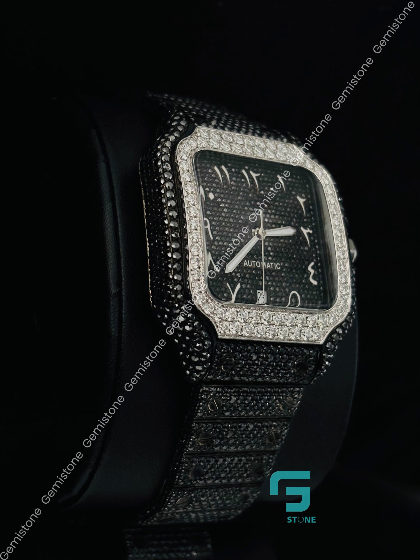 Fully Black Diamond Arabic Number Moissanite Watch
