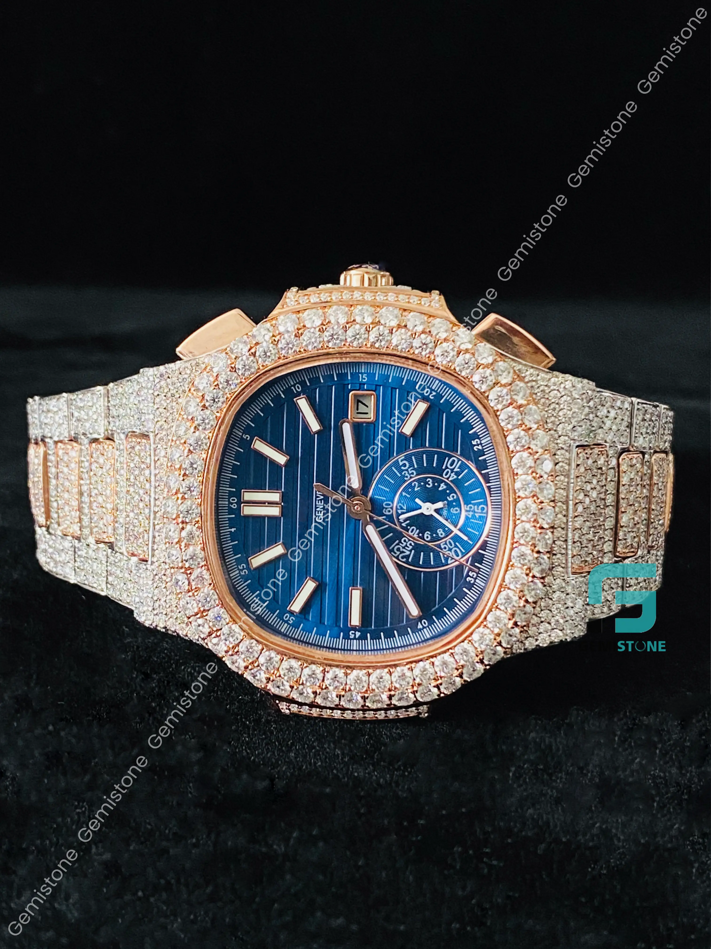 Fully Bust Down Blue Dial Moissanite Watch
