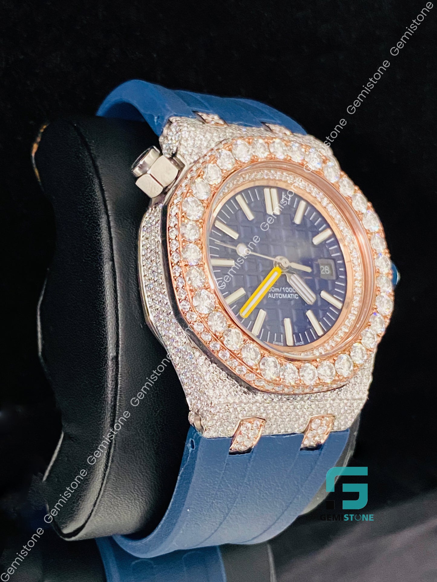 Fully Face Studded Blue Dial Moissanite Diamond Watch