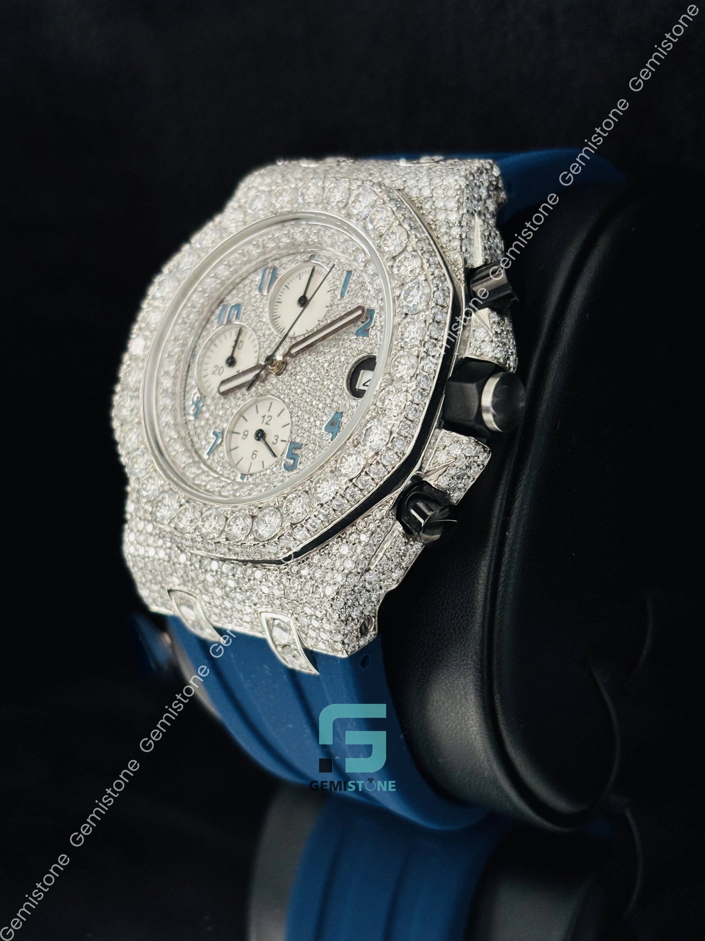 Fully Studded Face Dial Moissanite Blue Silicon Belt Watch