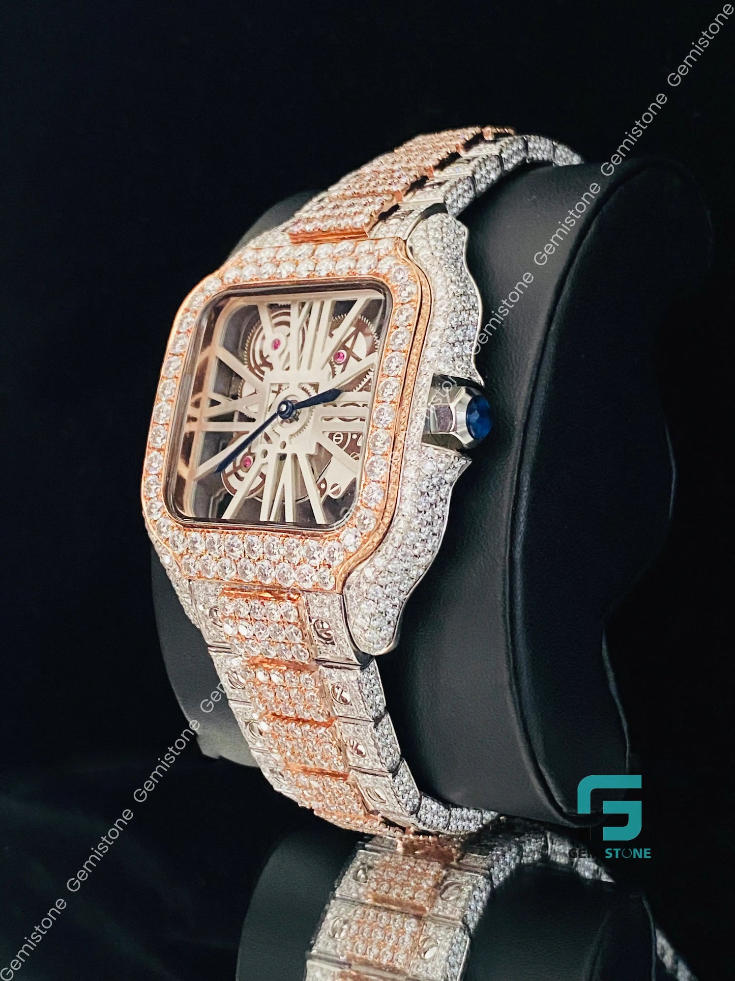 Mens Fuly Iced Out Two Tone Skeleton Dial VVS Moissanite Watch